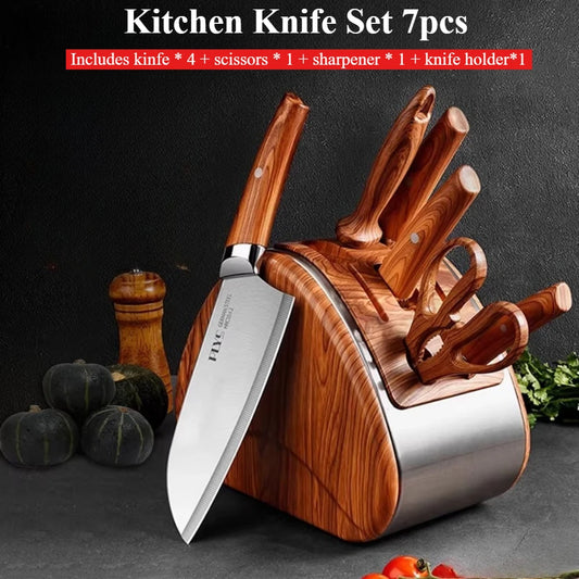 Professional Full 7 PCS Knife Set Stainless Steel Kitchen Knives Sets Best Kitchen Slicing with Knife Storage Block for Easy Kit